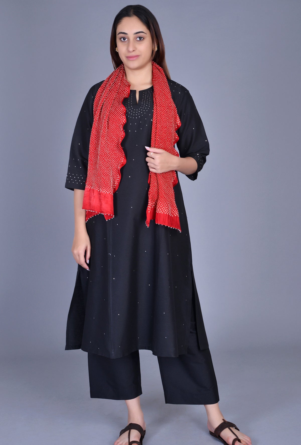 Red Silk Bandhani Stole