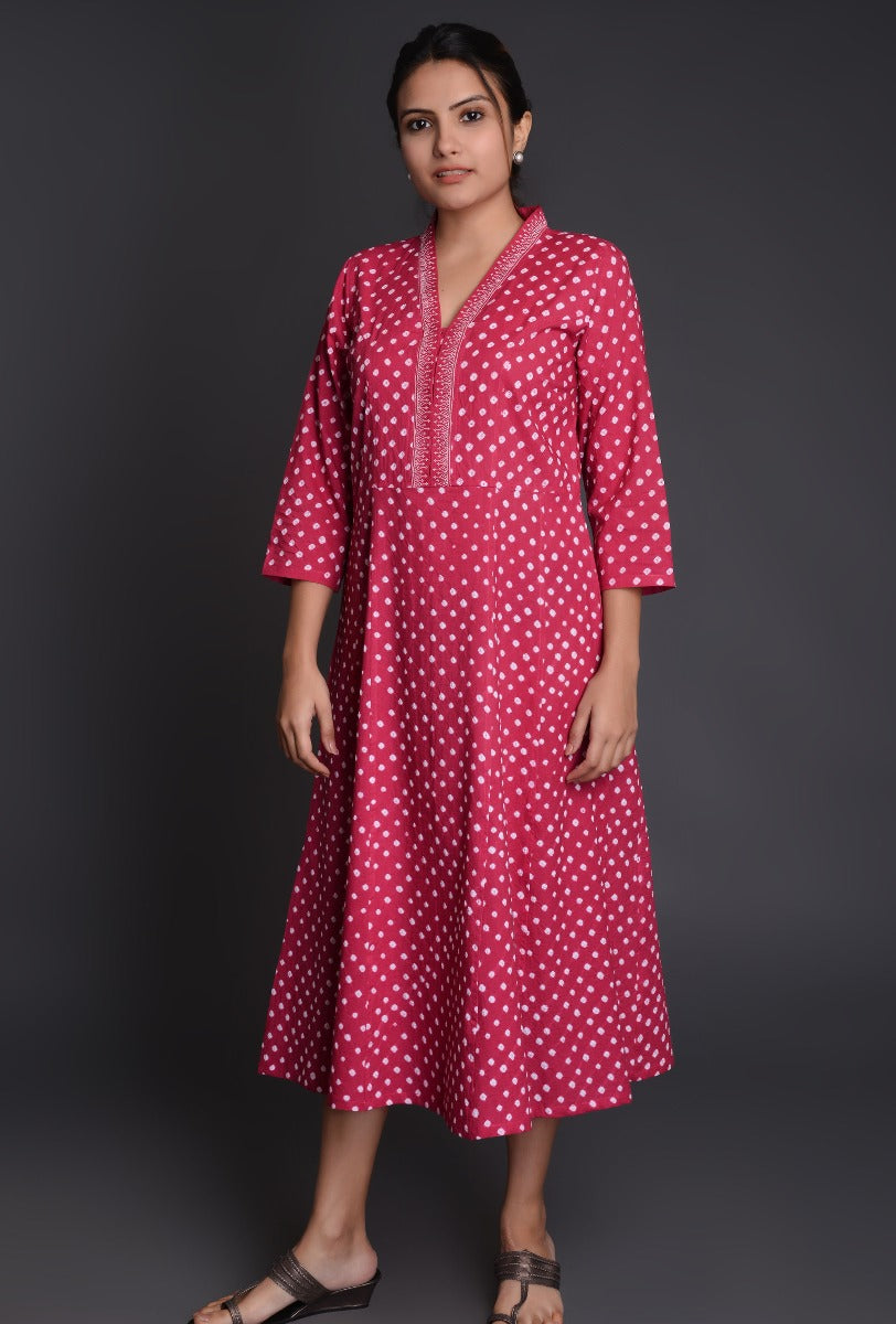 Magenta Cotton Bandhani Dress