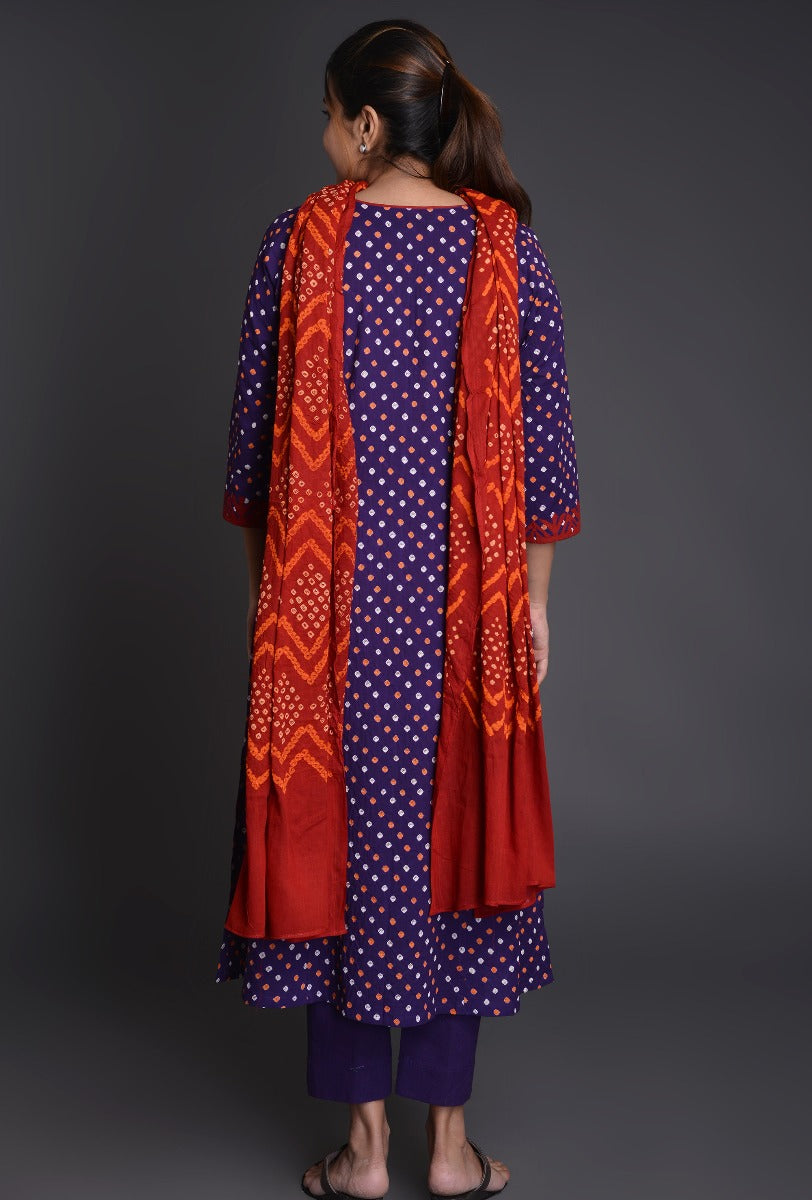 Purple Cotton Bandhani Sleeve Applique Ensemble