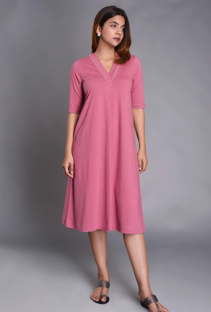 Pink Knit Raised Neck Dress