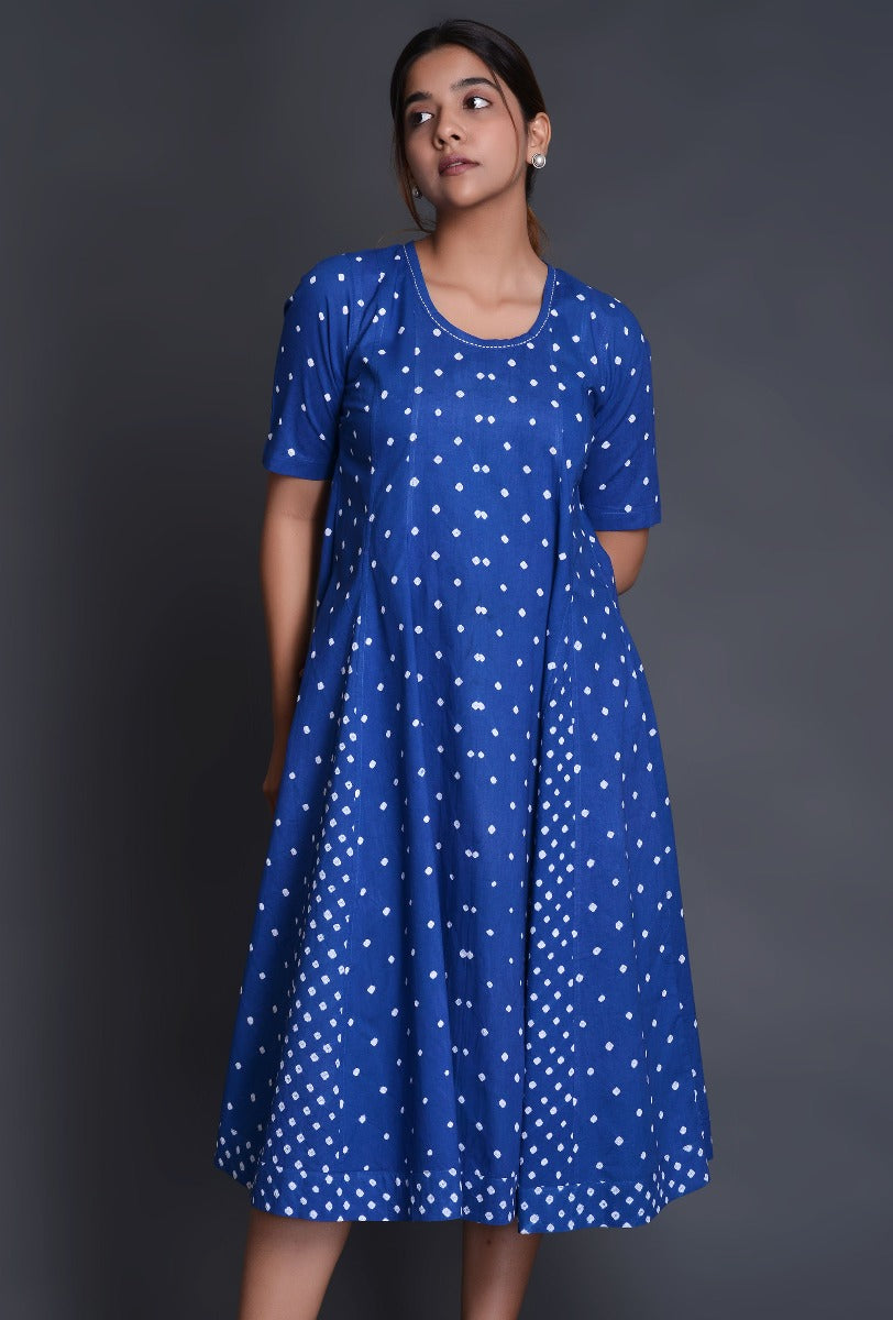 Blue Cotton Bandhani Kali Dress