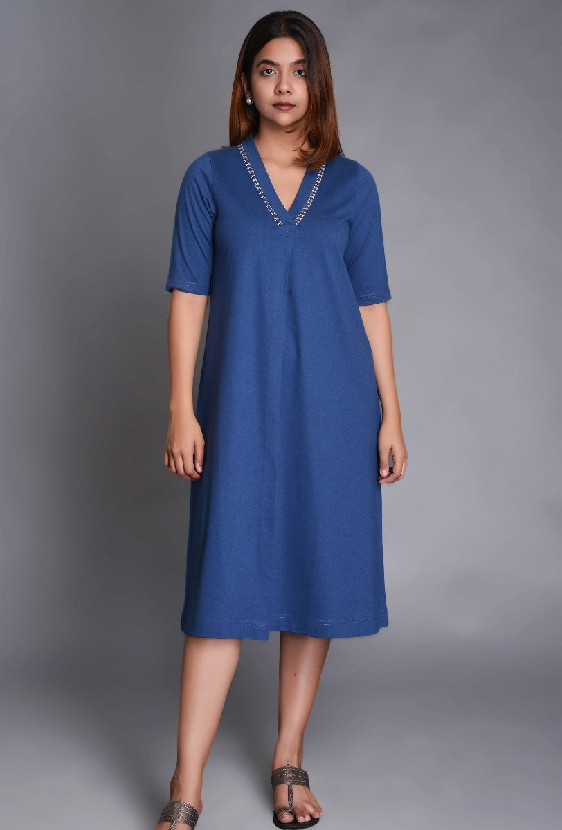 Blue Knit Raised Neck Dress