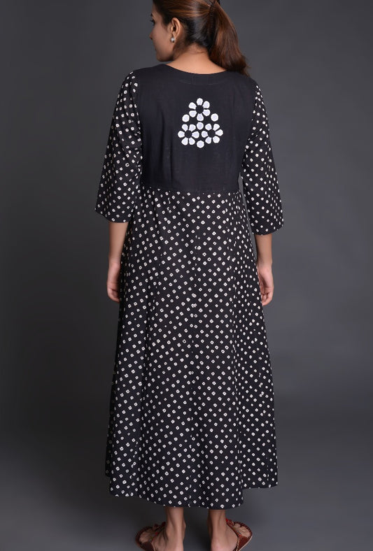 Black Applique Cotton Bandhani Dress