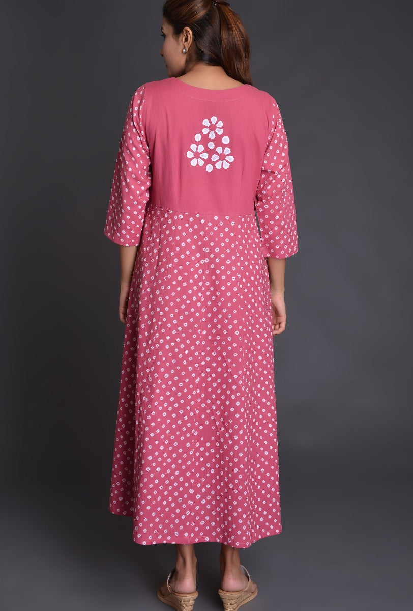 Pink Applique Cotton Bandhani Dress