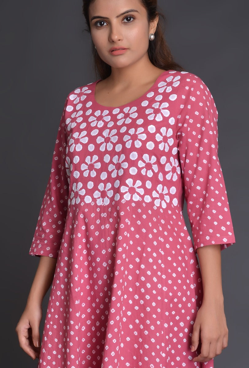Pink Applique Cotton Bandhani Dress