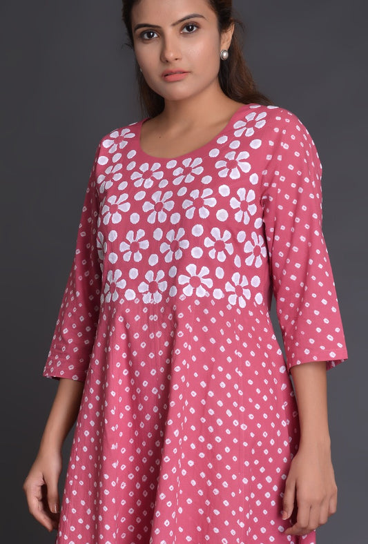 Pink Applique Cotton Bandhani Dress