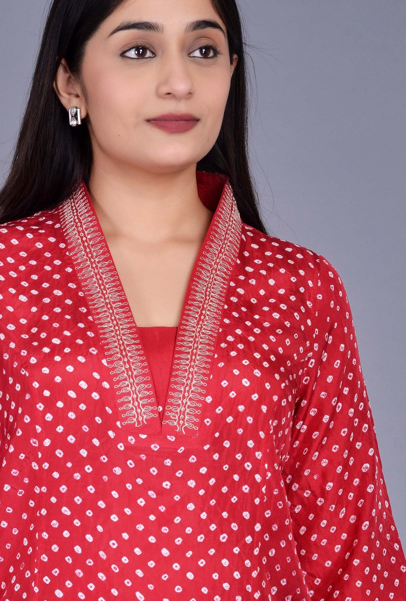 Silk Bandhani Kurti with Taar Embroidery