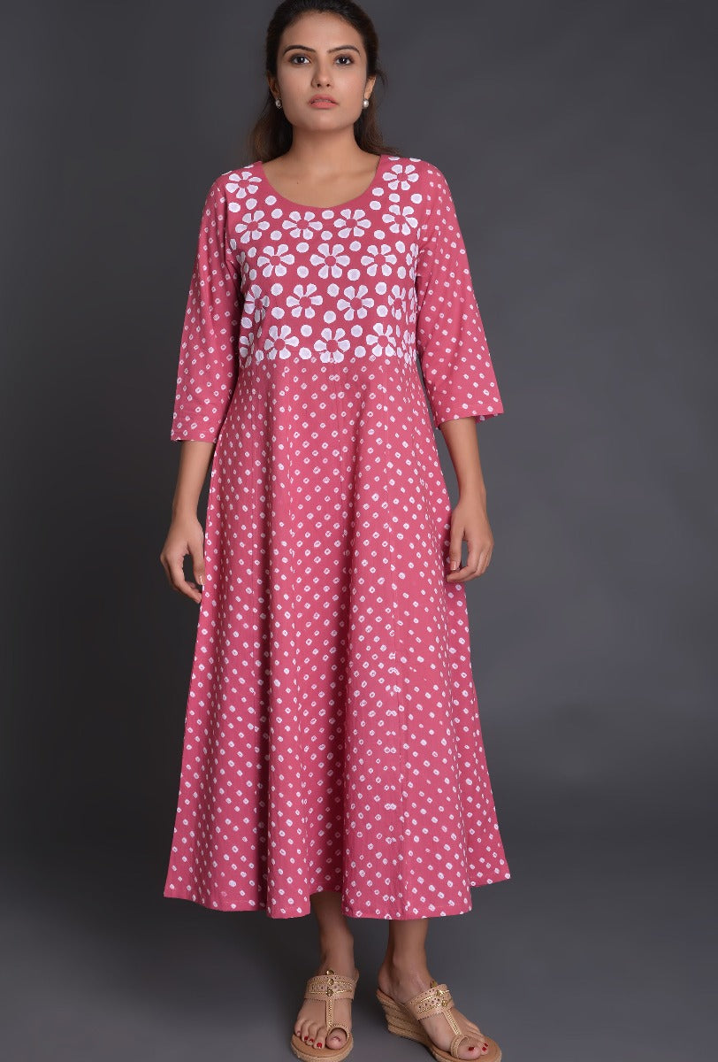 Pink Applique Cotton Bandhani Dress