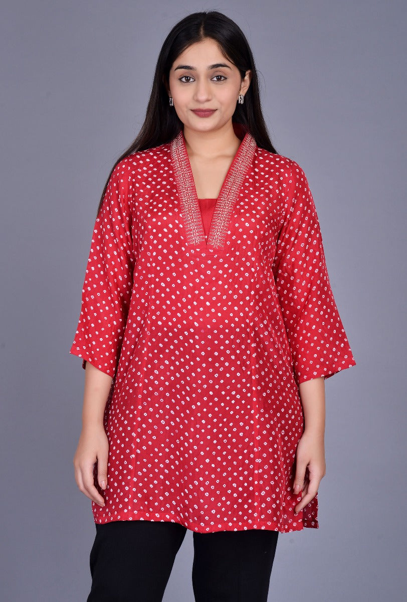 Silk Bandhani Kurti with Taar Embroidery