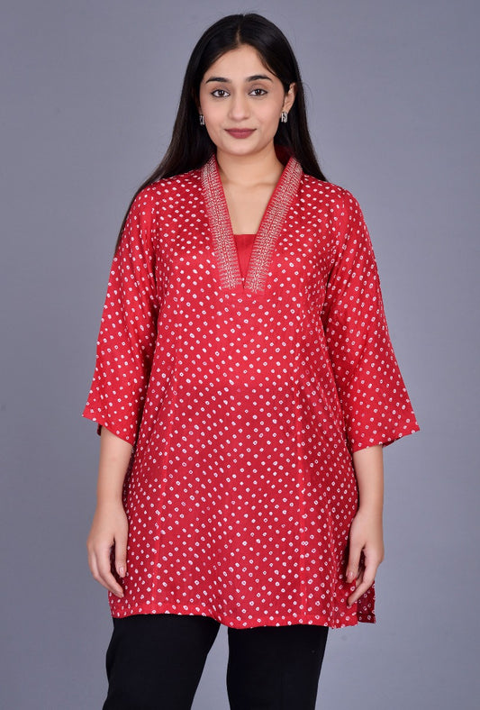 Silk Bandhani Kurti with Taar Embroidery
