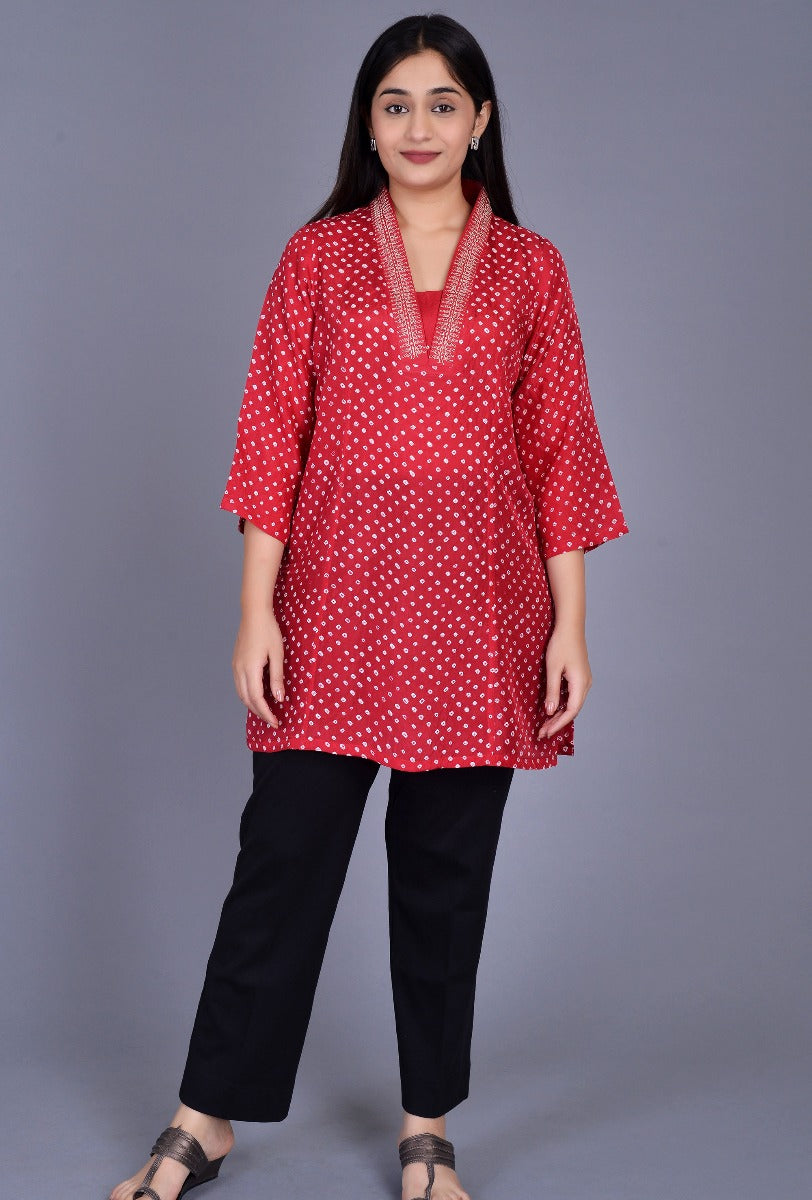 Silk Bandhani Kurti with Taar Embroidery
