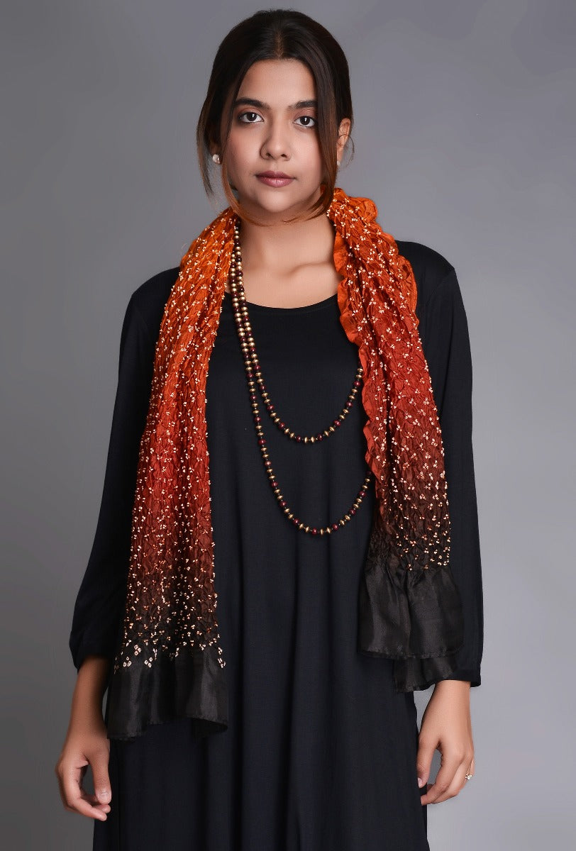 Mustard Black Silk Bandhani Stole