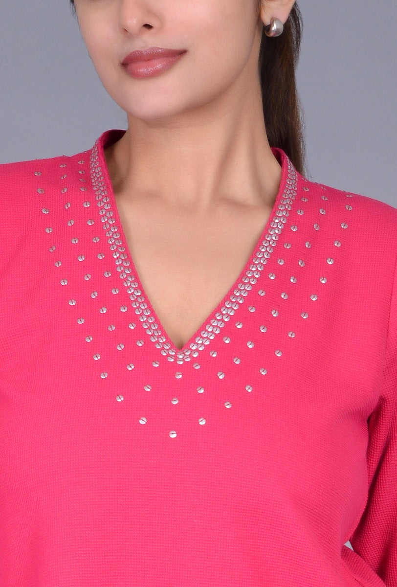 Knit Raised V Neck Kurti with 5 Line Tikki