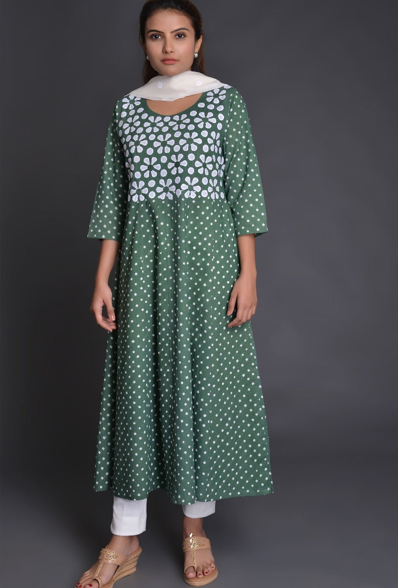 Green Applique Cotton Bandhani Dress