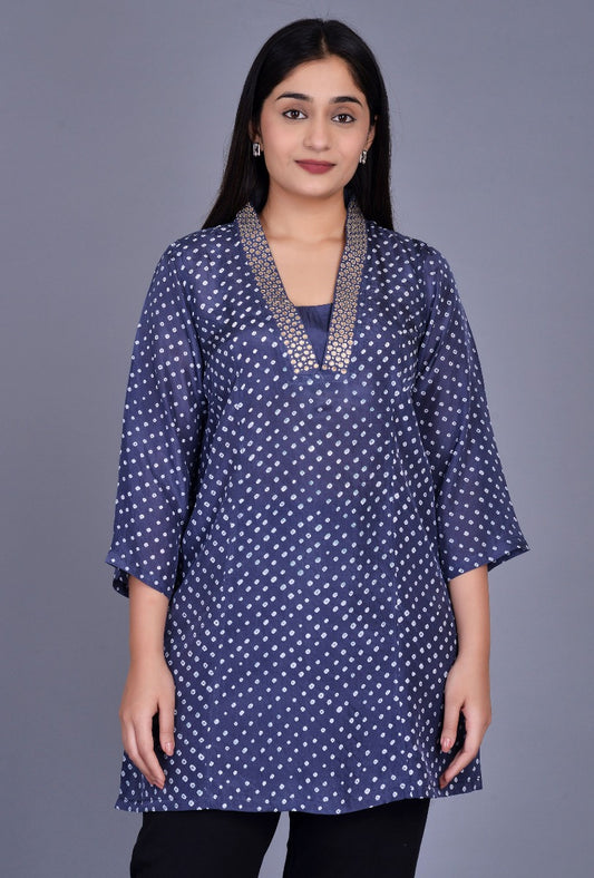 Silk Bandhani Kurti with Sequin Embroidery