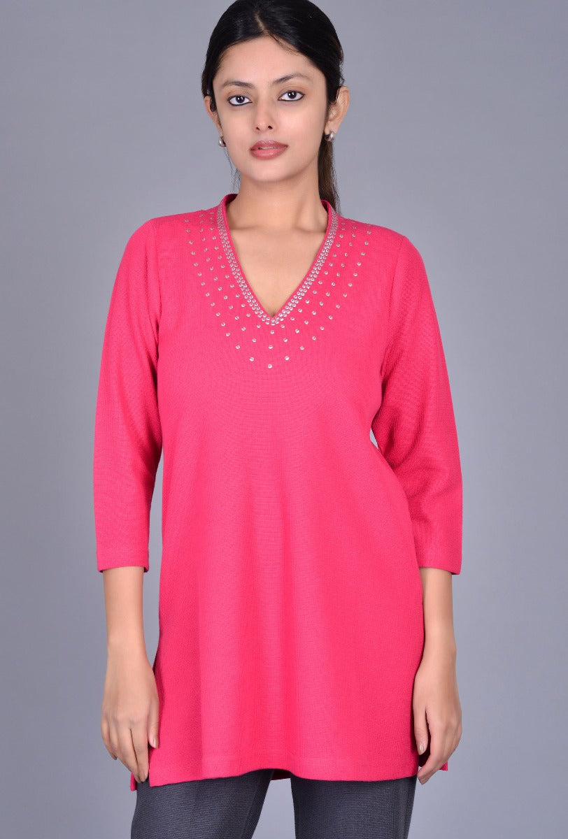 Knit Raised V Neck Kurti with 5 Line Tikki