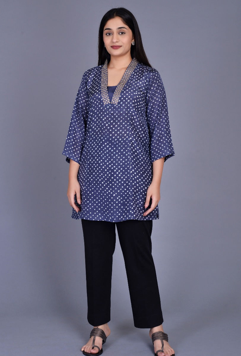 Silk Bandhani Kurti with Sequin Embroidery