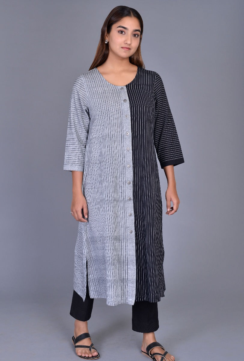Off White Black Striped Kala cotton Kurta