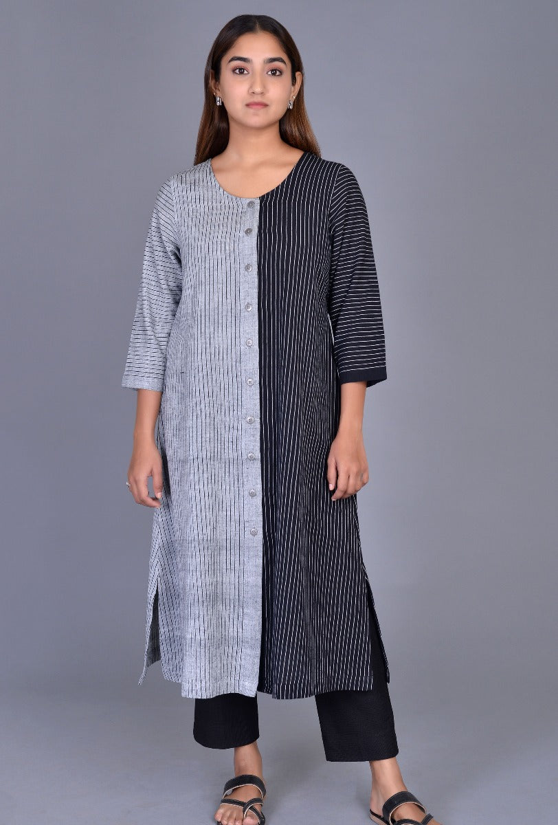 Off White Black Striped Kala cotton Kurta