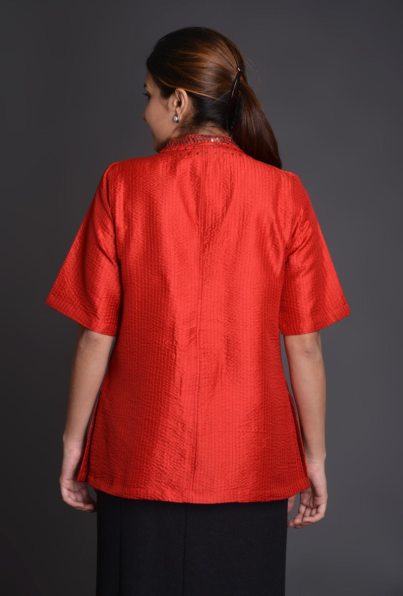 Crinkled Silk Raised V Neck Blouse