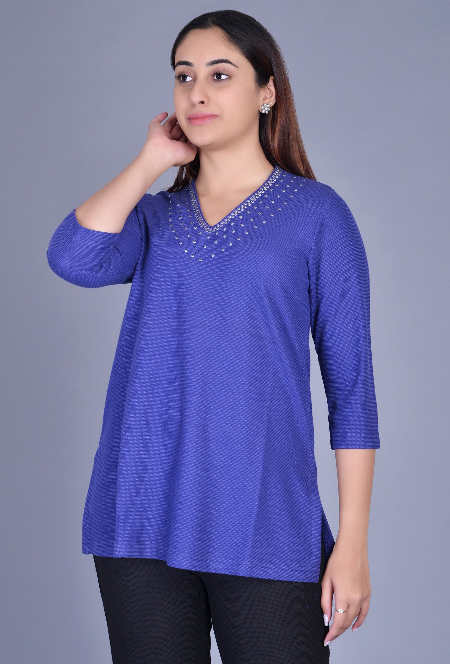 Knit Raised Neck Kurti with 5 Line Sequin