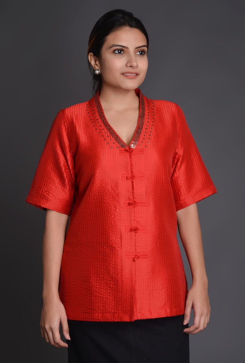 Crinkled Silk Raised V Neck Blouse