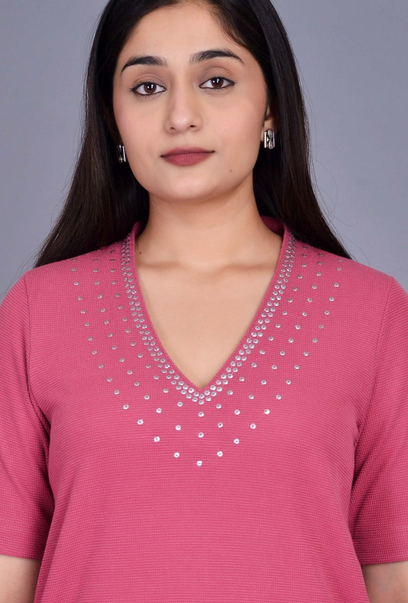 Pink Knit Raised Neck Sequin Kurta