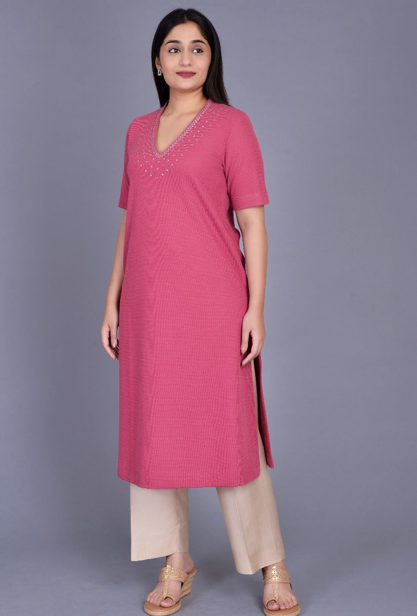 Pink Knit Raised Neck Sequin Kurta