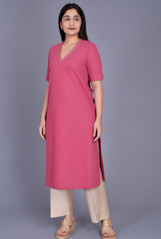 Pink Knit Raised Neck Sequin Kurta