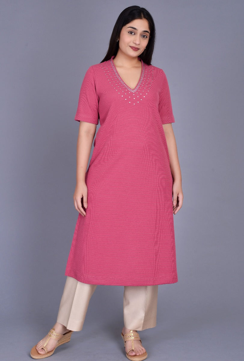 Pink Knit Raised Neck Sequin Kurta