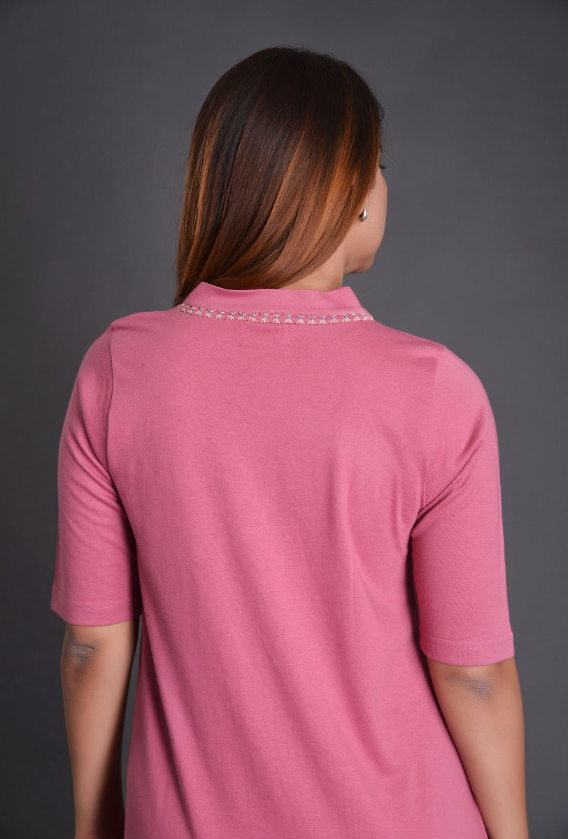 Pink Knit Raised Neck Dress