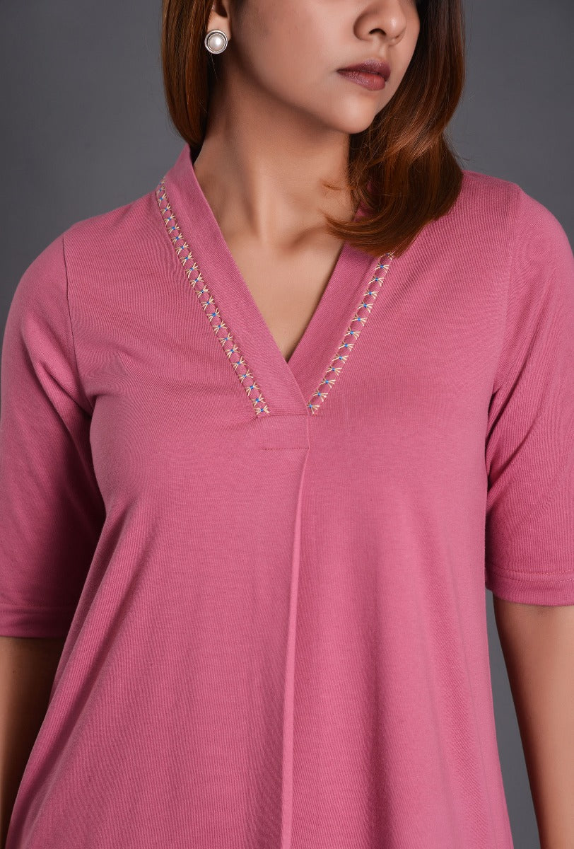 Pink Knit Raised Neck Dress