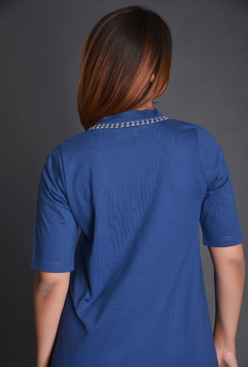 Blue Knit Raised Neck Dress