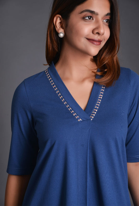 Blue Knit Raised Neck Dress