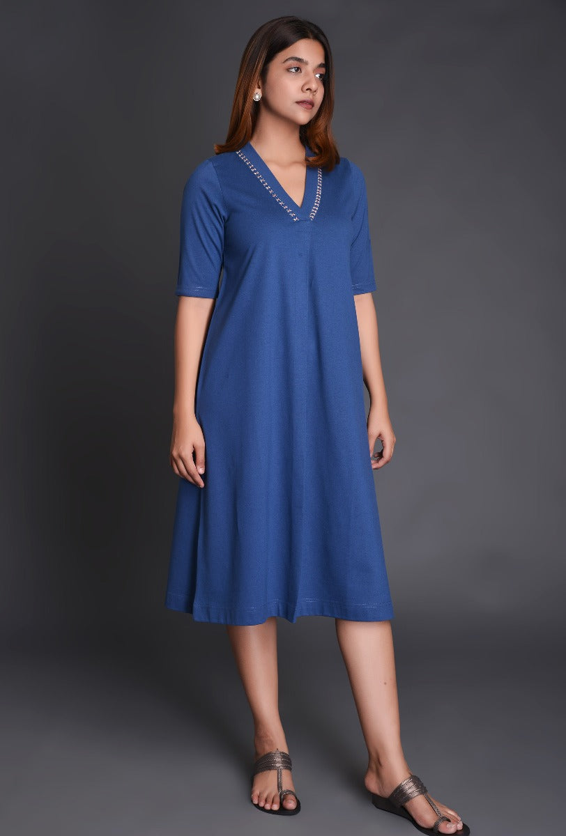 Blue Knit Raised Neck Dress