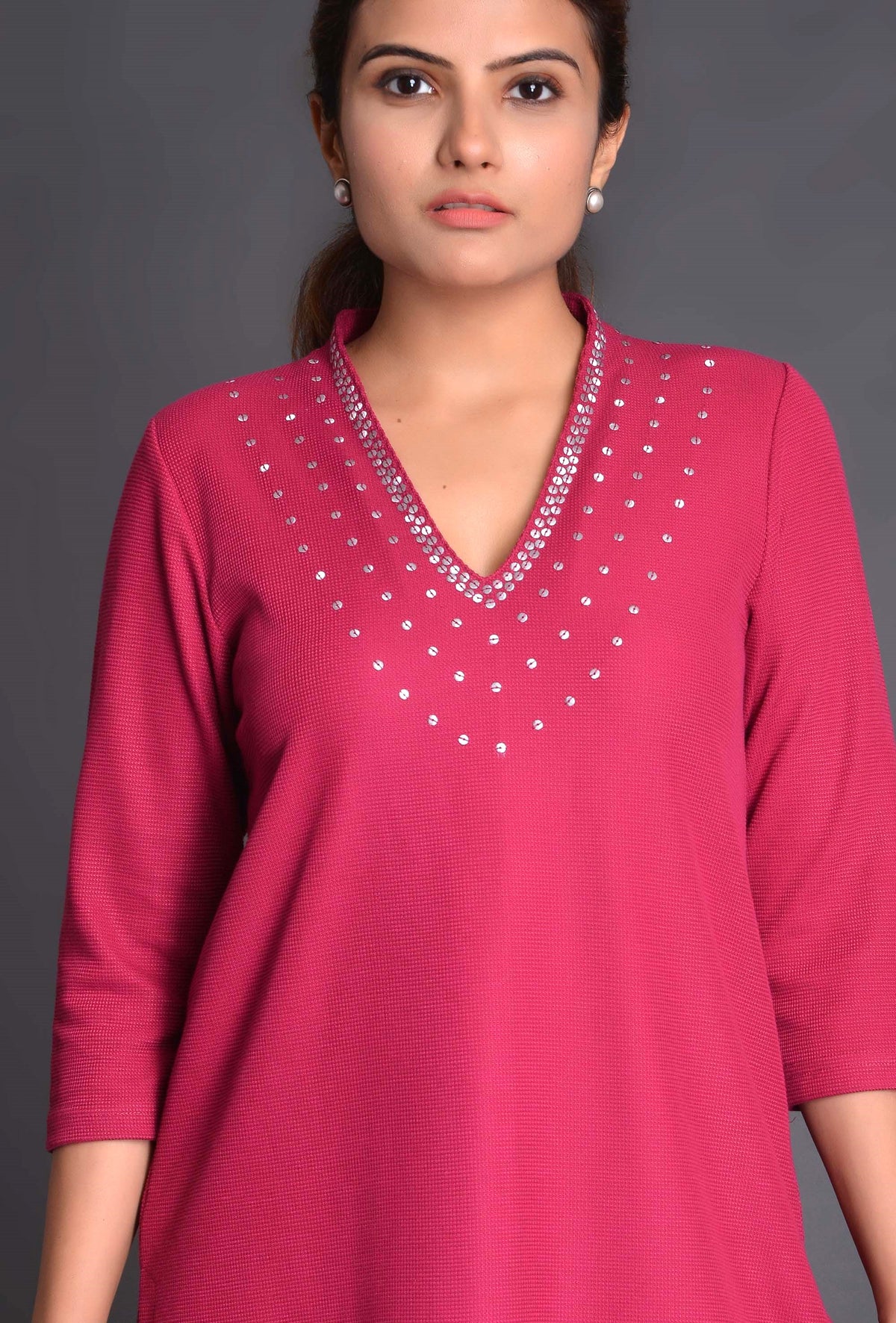 Knit Raised Neck Kurti with 5 Line Sequin