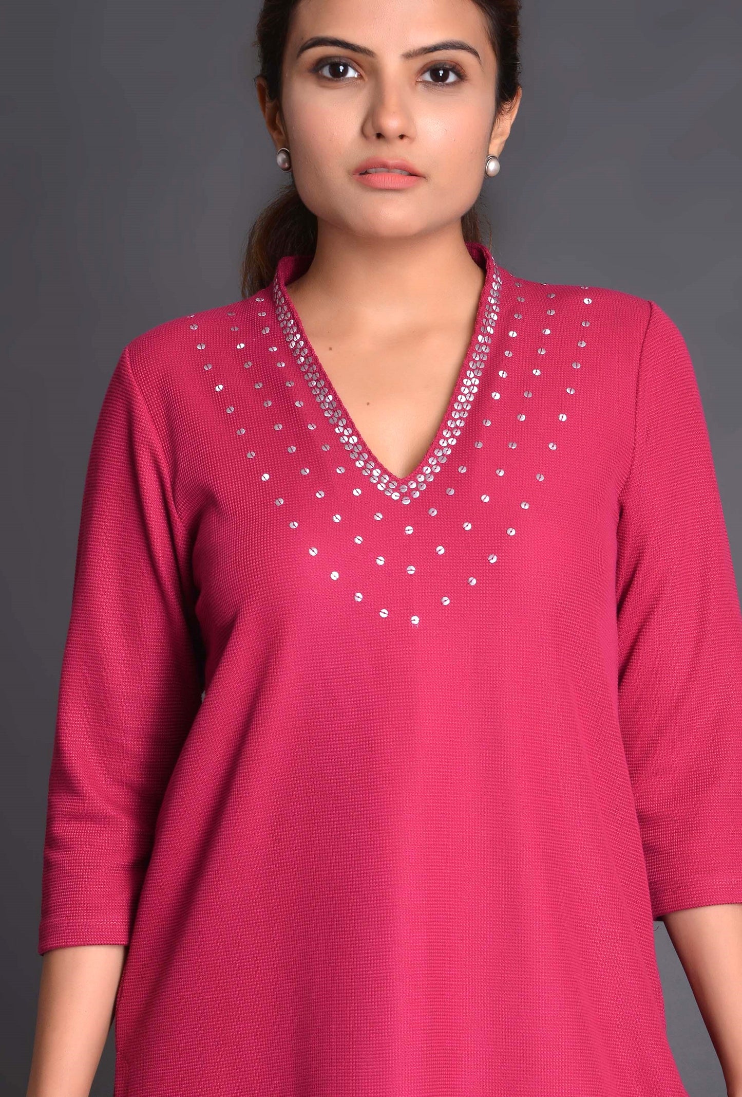 Knit Raised Neck Kurti with 5 Line Sequin