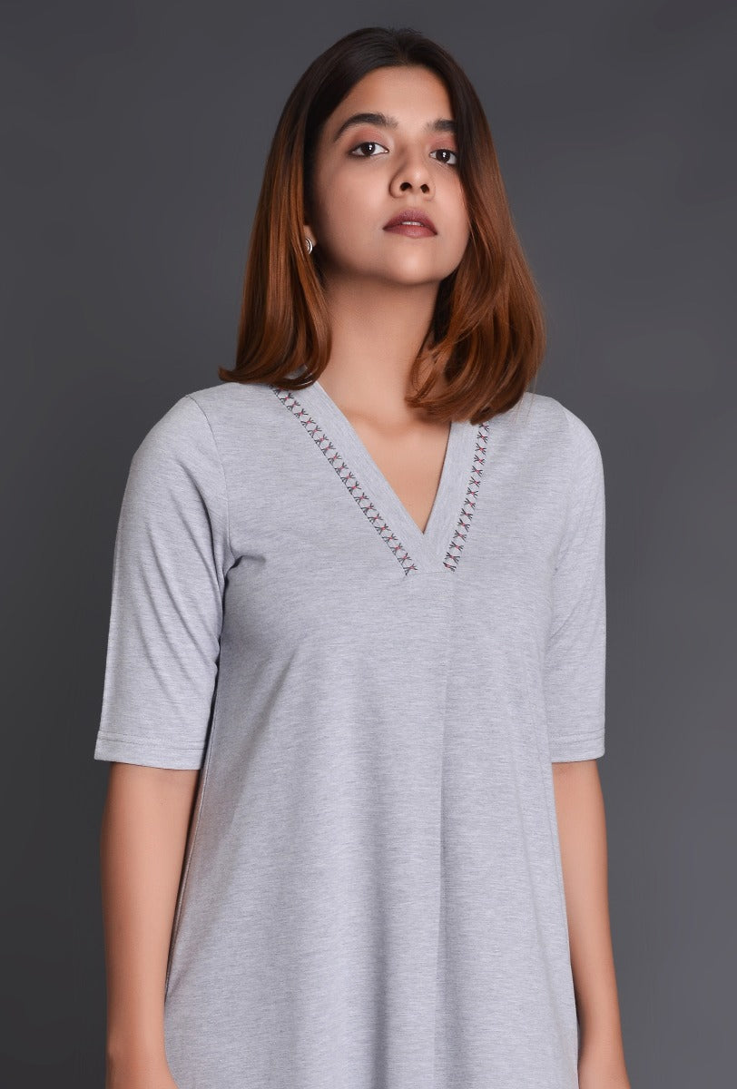 Grey Knit Raised Neck Dress