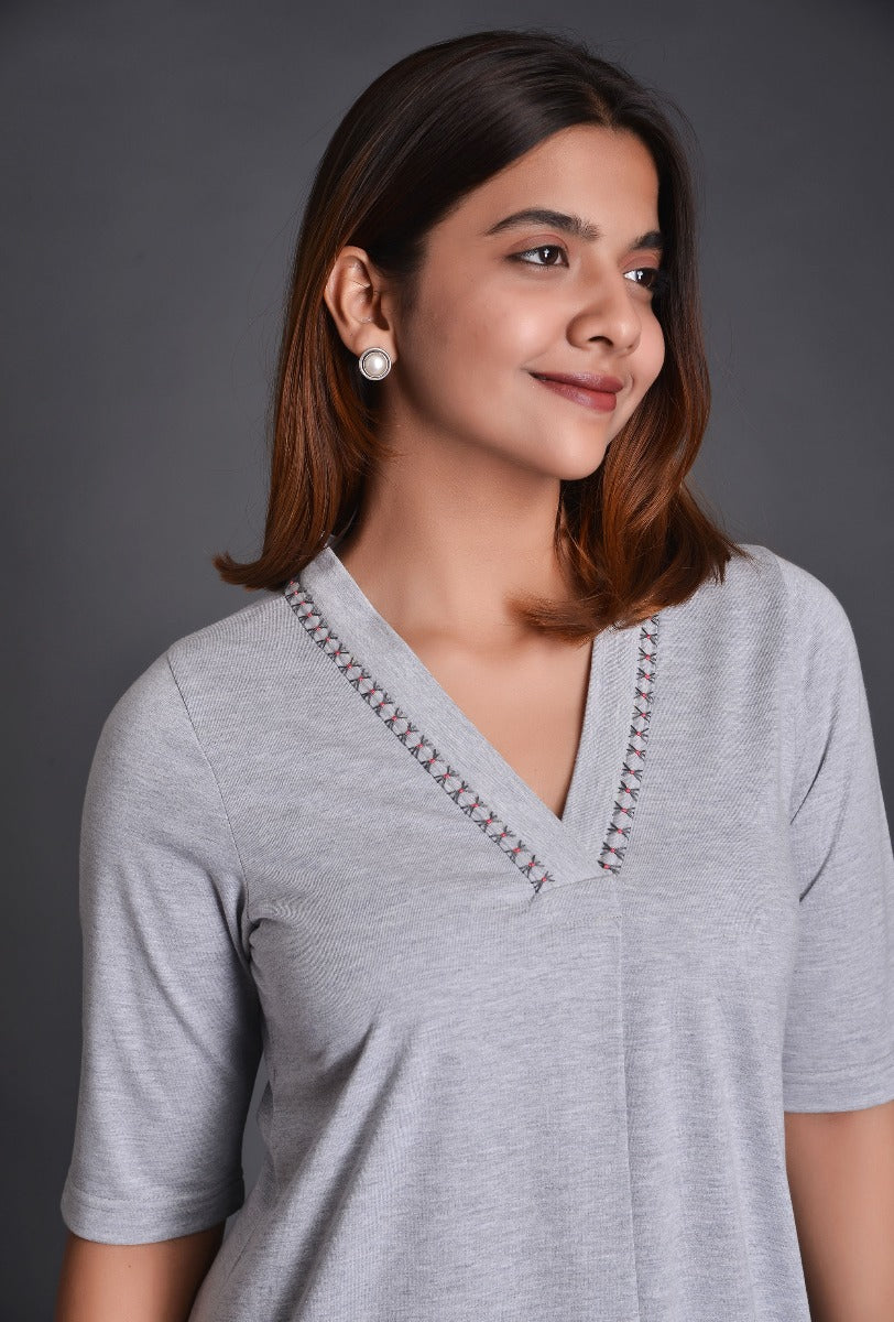 Grey Knit Raised Neck Dress