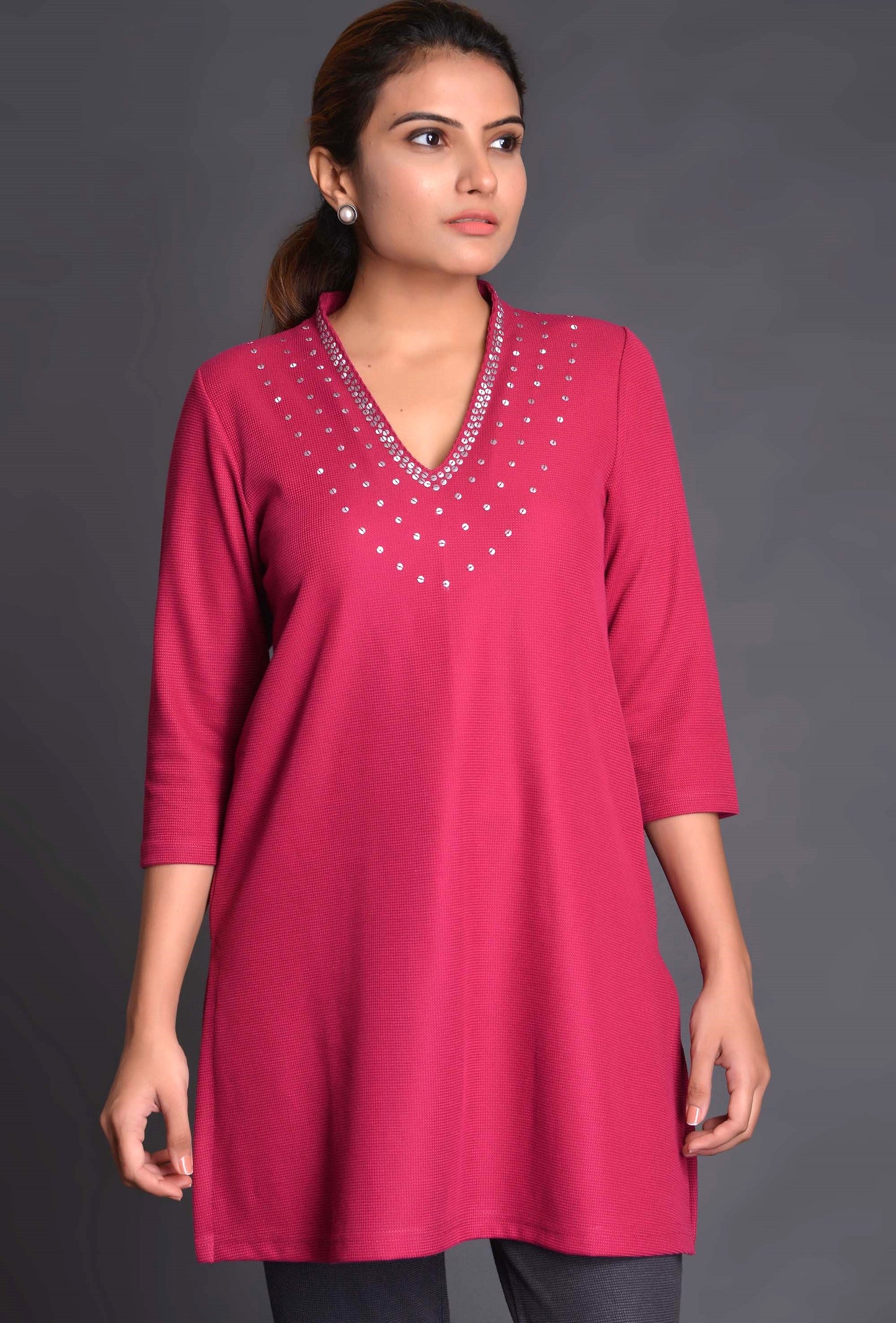 Knit Raised Neck Kurti with 5 Line Sequin