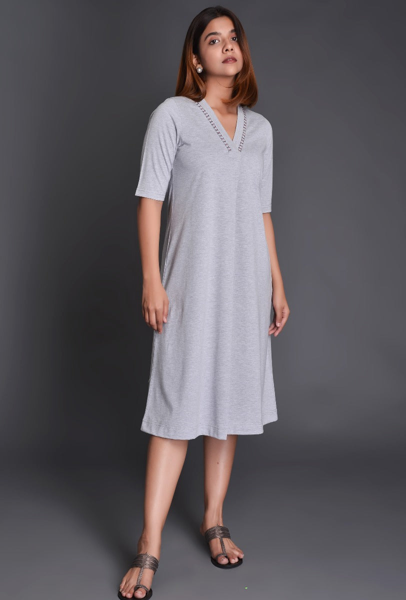 Grey Knit Raised Neck Dress