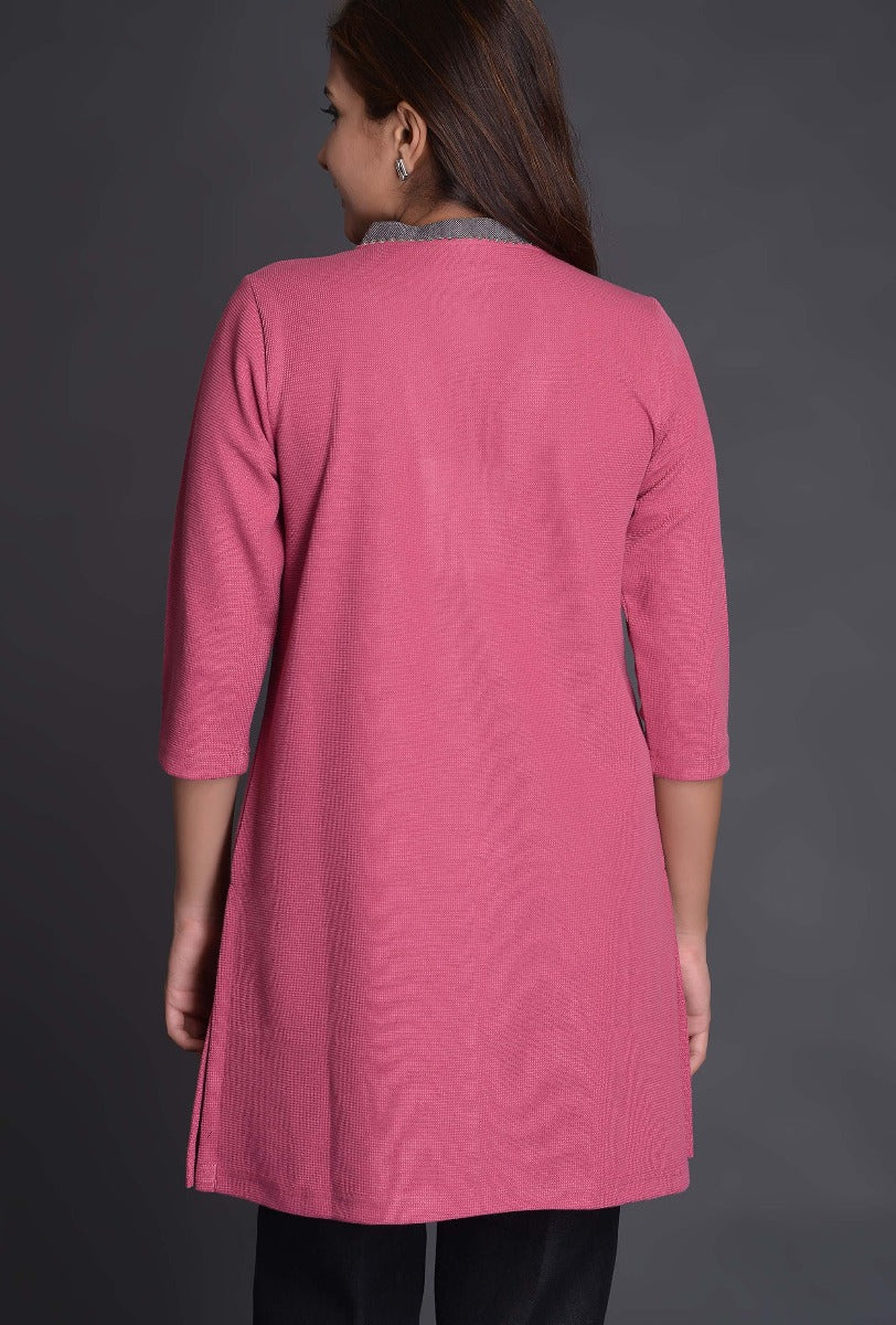 Pink Knit Contrast Collar Kurti with One Line Tikki