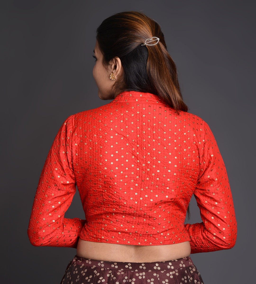 Raised V Neck Crinkle Silk Choli