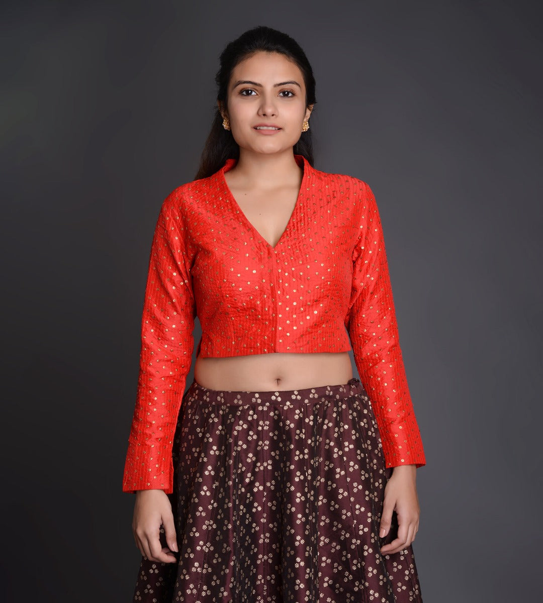 Raised V Neck Crinkle Silk Choli