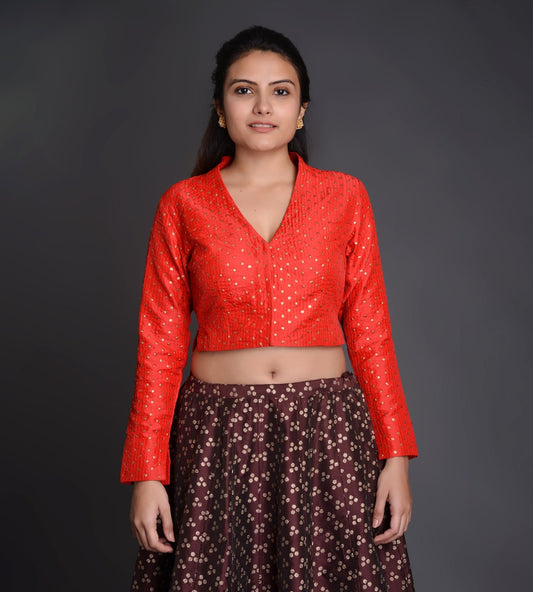Raised V Neck Crinkle Silk Choli