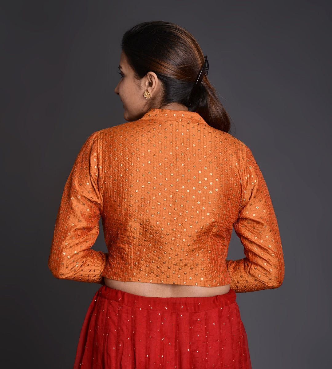 Raised V Neck Crinkle Silk Choli