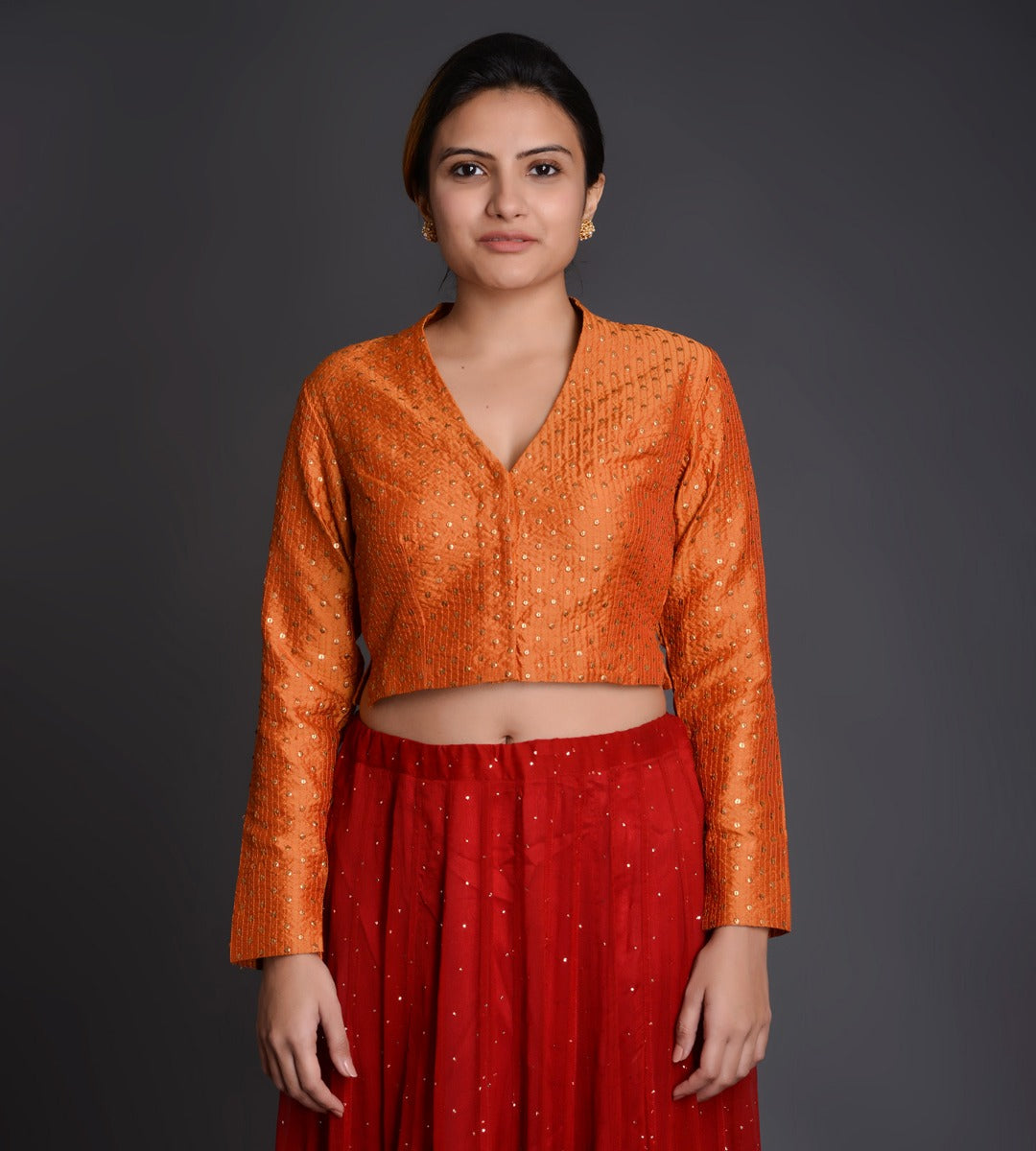 Raised V Neck Crinkle Silk Choli