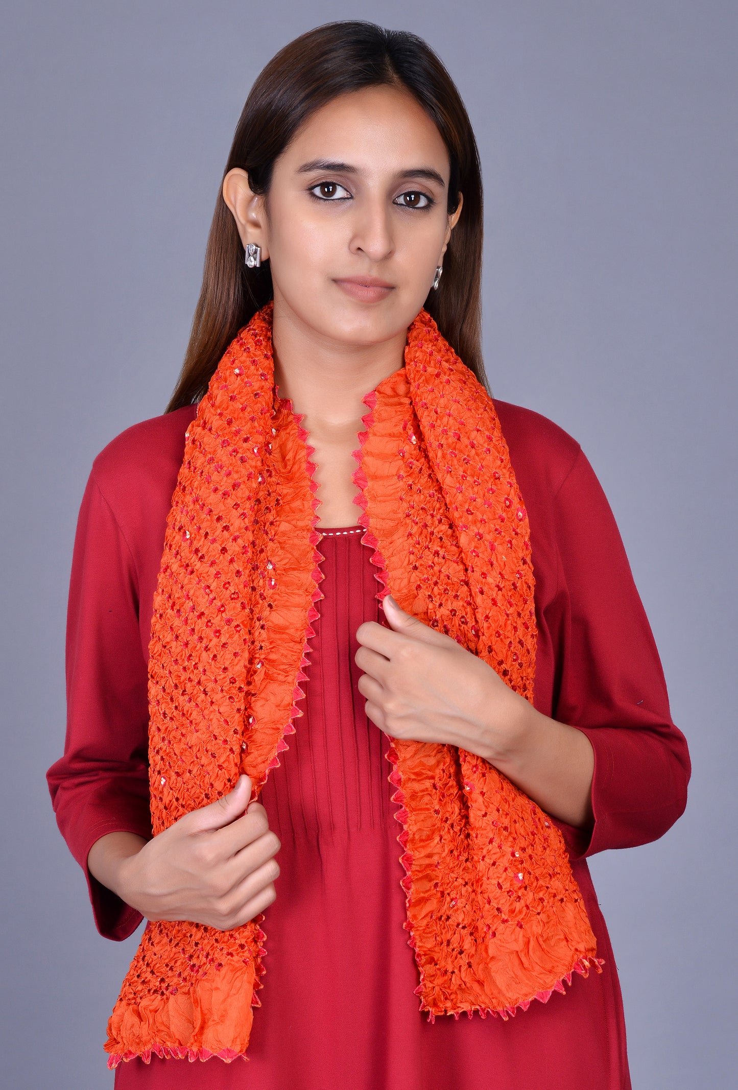 Orange Silk Bandhani Stole