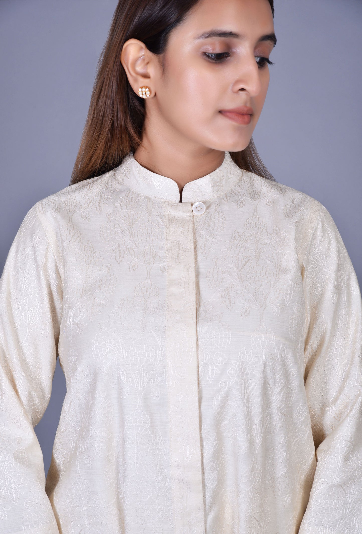 Off White Stand Collar Ensemble