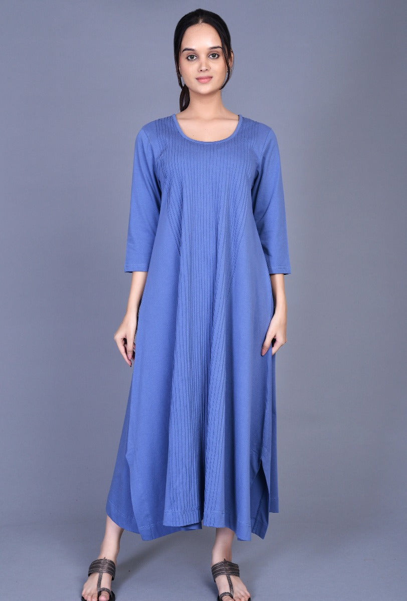 Blue Knit Pintucks Choga Dress